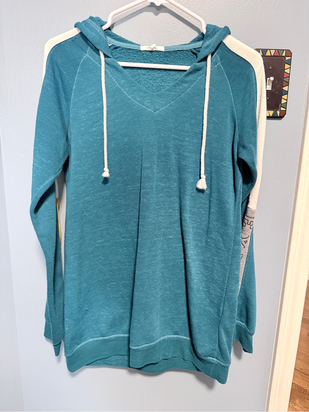 Maurices Teal V-Neck Hooded Pullover with Message on Sleeves